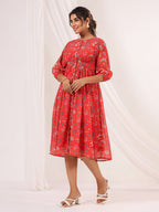Janasya Bright Georgette Floral Gathered Dress | Grocsy
