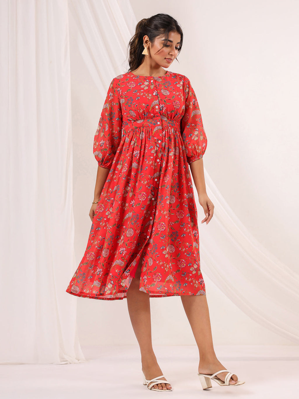 Janasya Bright Georgette Floral Gathered Dress | Grocsy