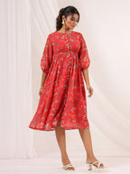 Janasya Bright Georgette Floral Gathered Dress | Grocsy