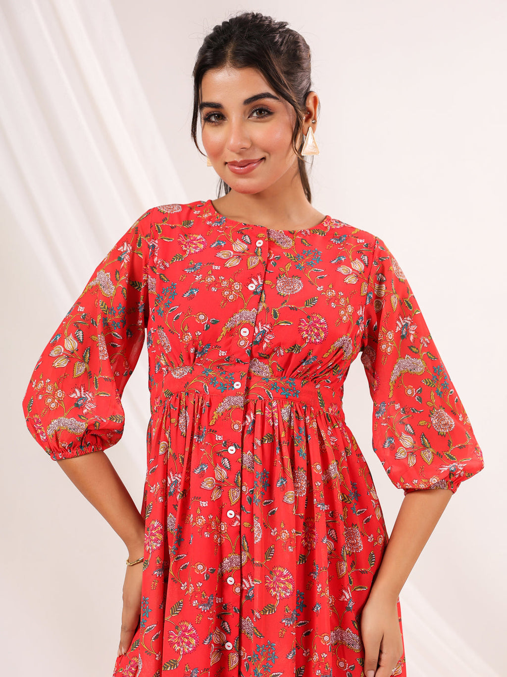 Janasya Bright Georgette Floral Gathered Dress | Grocsy