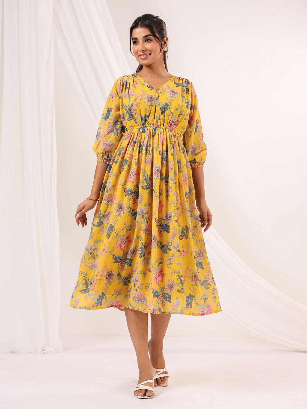 Janasya Bright Georgette Floral A-Line Dress | Grocsy