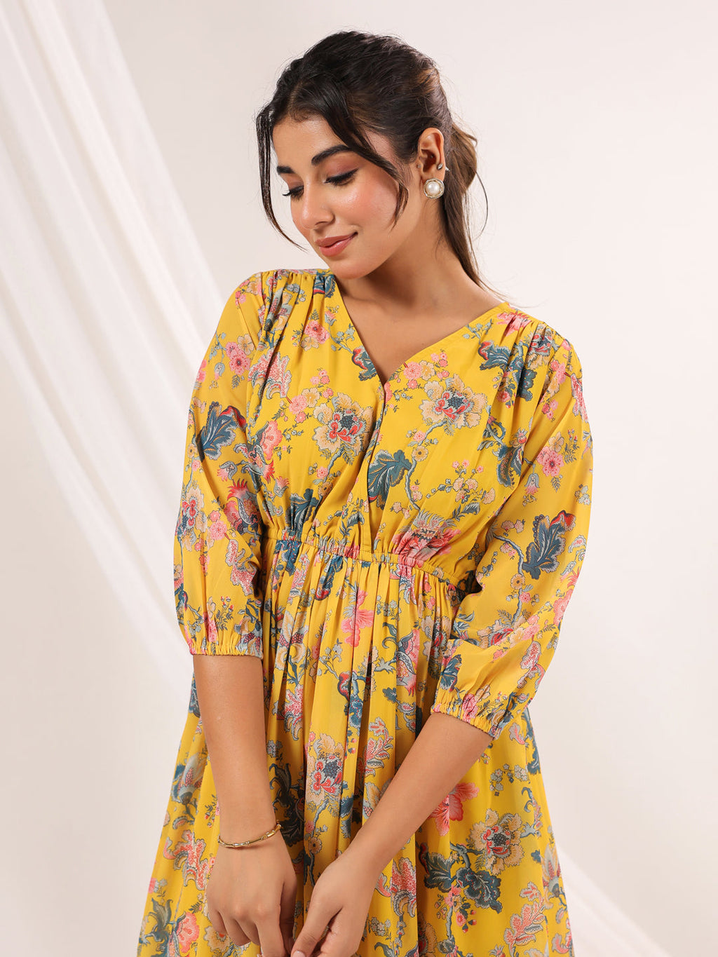 Janasya Bright Georgette Floral A-Line Dress | Grocsy