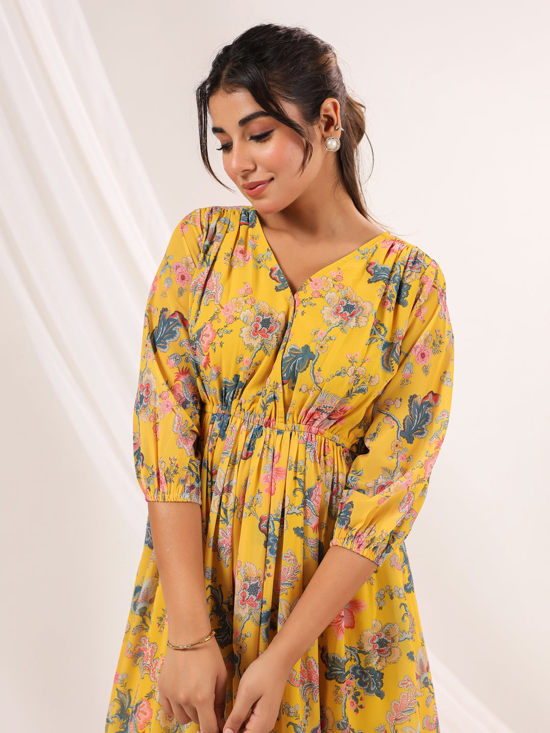 Janasya Bright Georgette Floral A-Line Dress | Grocsy