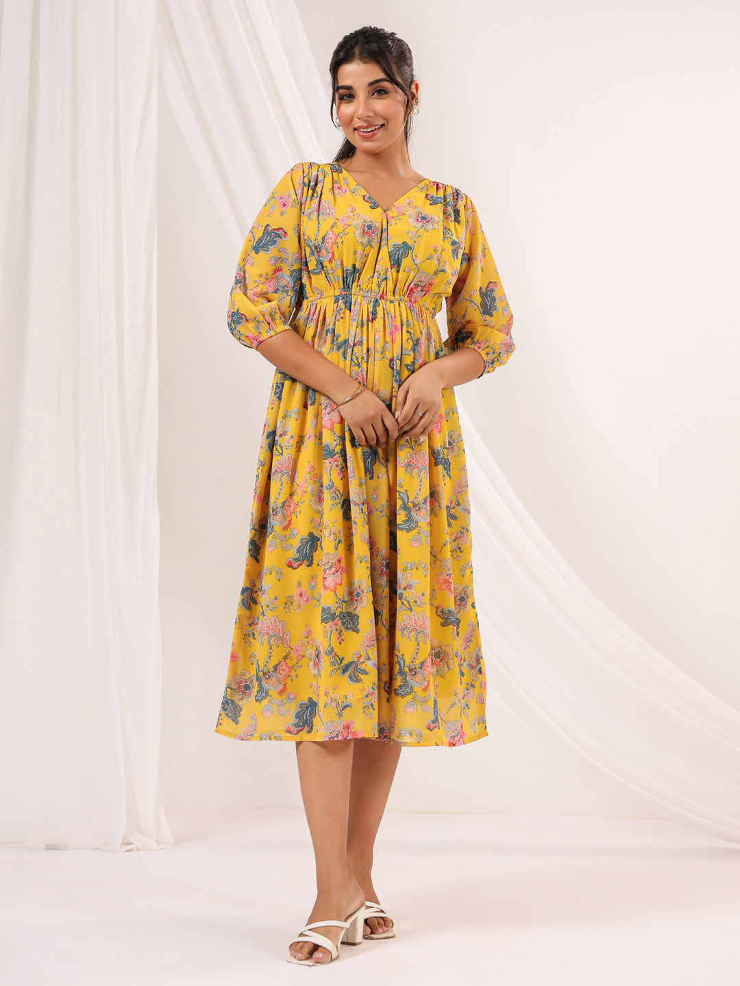 Janasya Bright Georgette Floral A-Line Dress | Grocsy