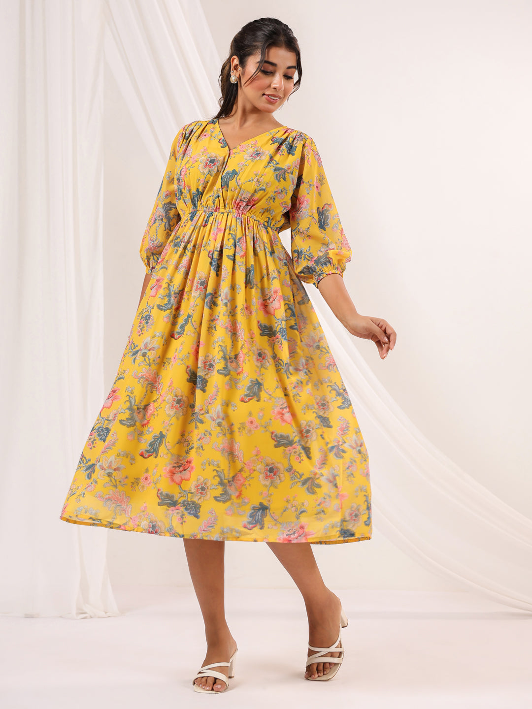 Janasya Bright Georgette Floral A-Line Dress | Grocsy