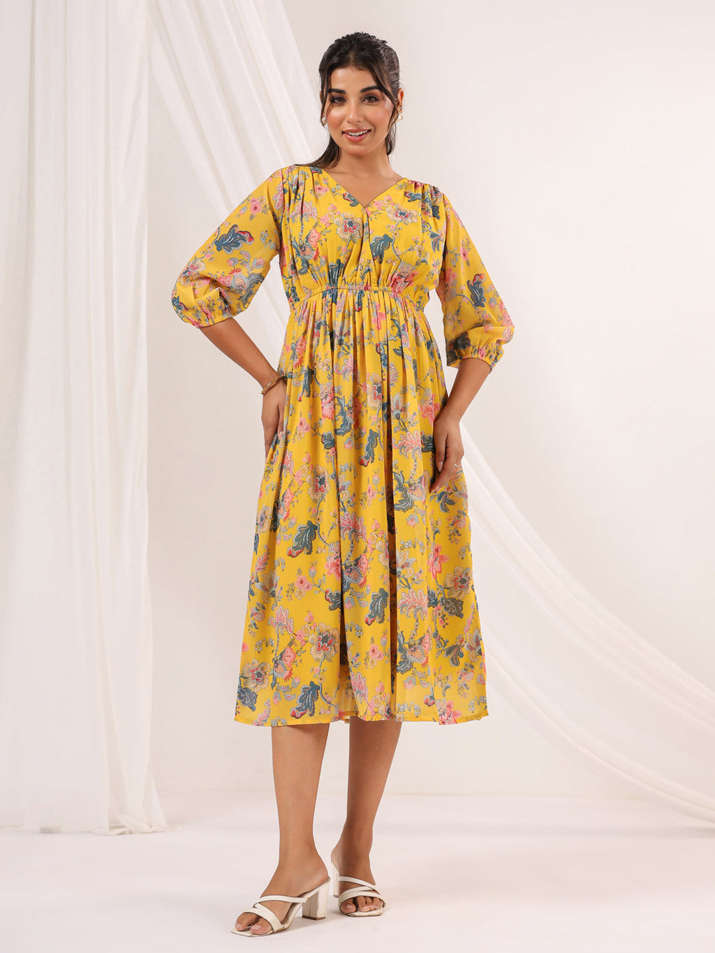 Janasya Bright Georgette Floral A-Line Dress | Grocsy