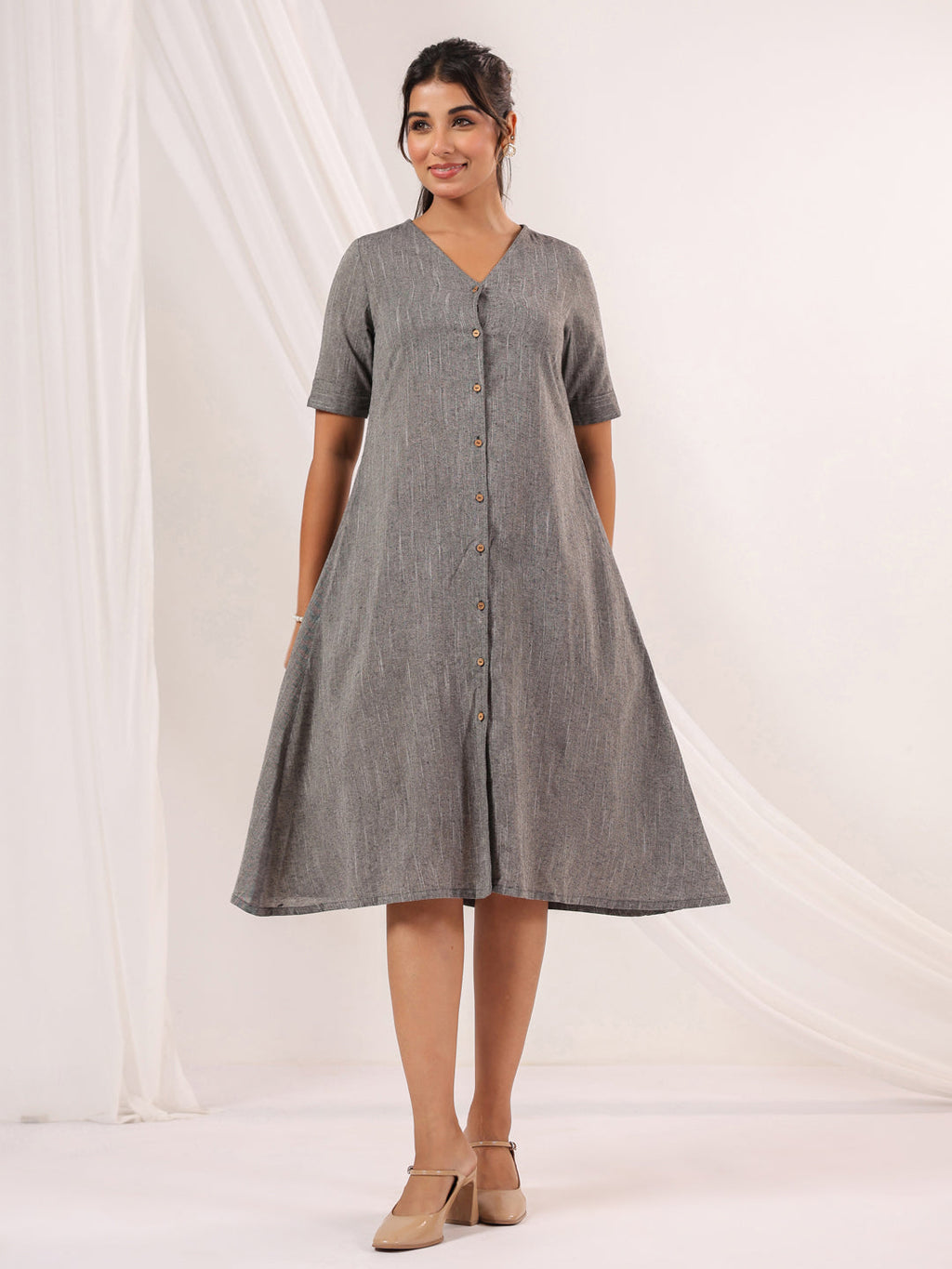 Janasya Dark Cotton Solid A-Line Dress | Grocsy