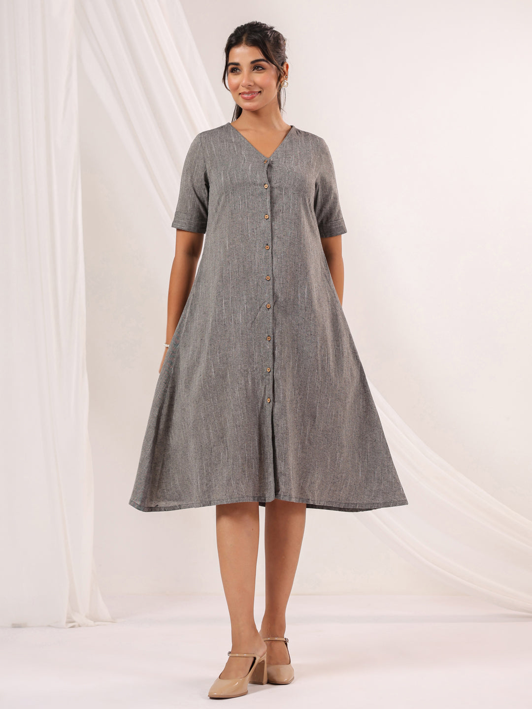 Janasya Dark Cotton Solid A-Line Dress | Grocsy