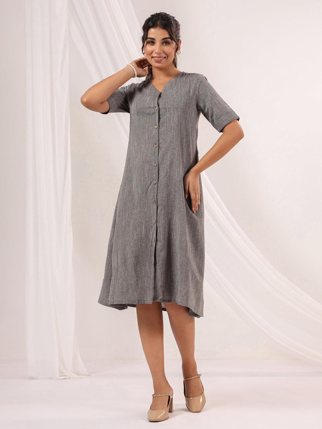 Janasya Dark Cotton Solid A-Line Dress | Grocsy