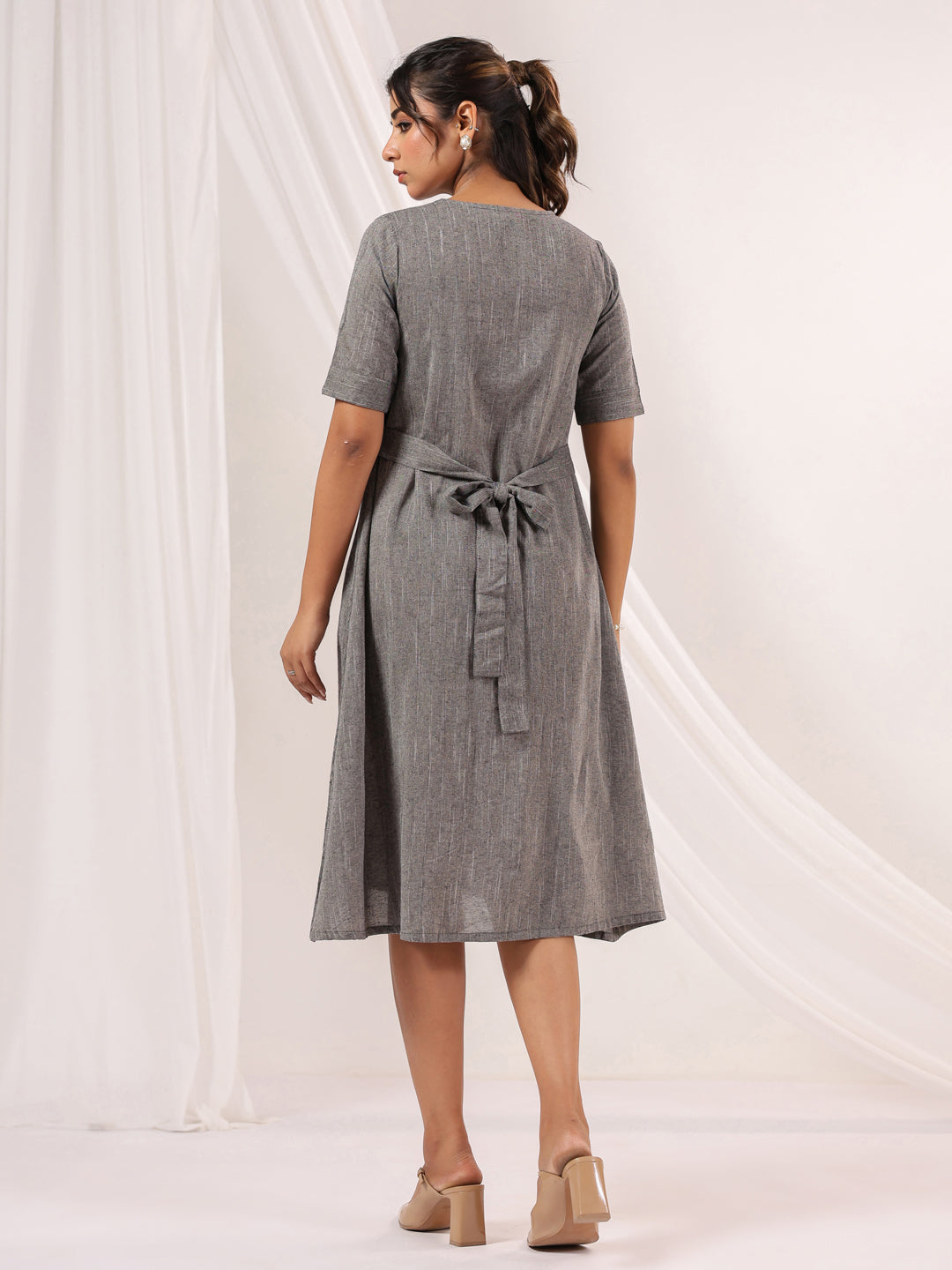 Janasya Dark Cotton Solid A-Line Dress | Grocsy