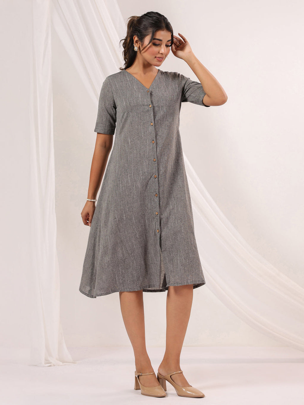 Janasya Dark Cotton Solid A-Line Dress | Grocsy