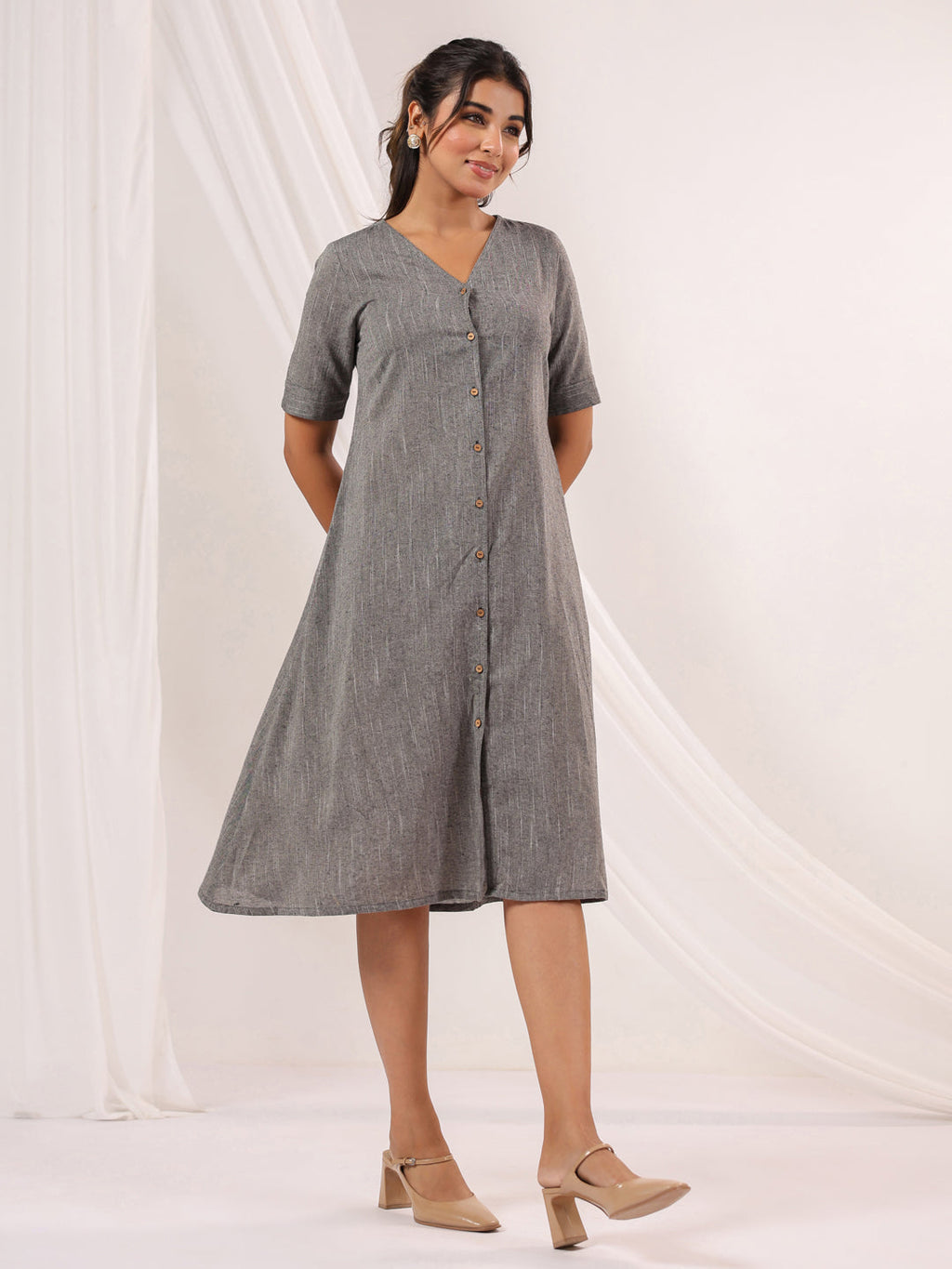 Janasya Dark Cotton Solid A-Line Dress | Grocsy
