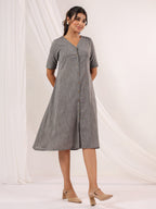 Janasya Dark Cotton Solid A-Line Dress | Grocsy