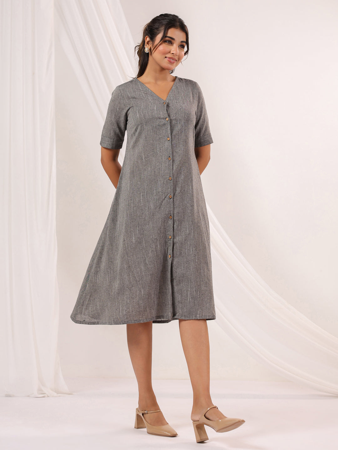 Janasya Dark Cotton Solid A-Line Dress | Grocsy