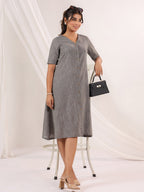 Janasya Dark Cotton Solid A-Line Dress | Grocsy