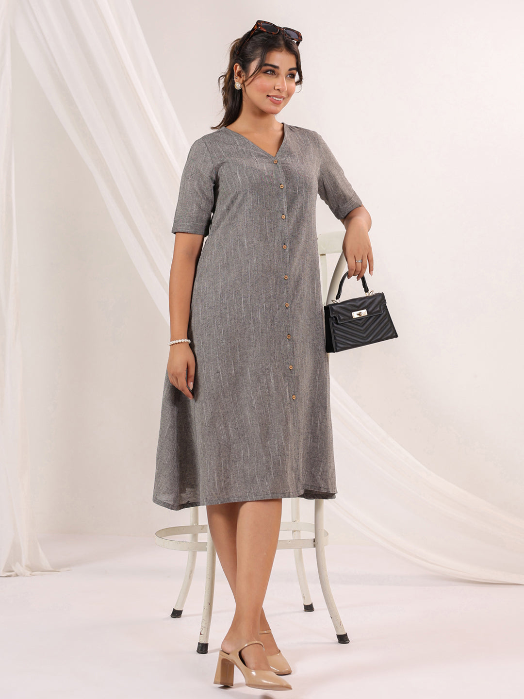 Janasya Dark Cotton Solid A-Line Dress | Grocsy