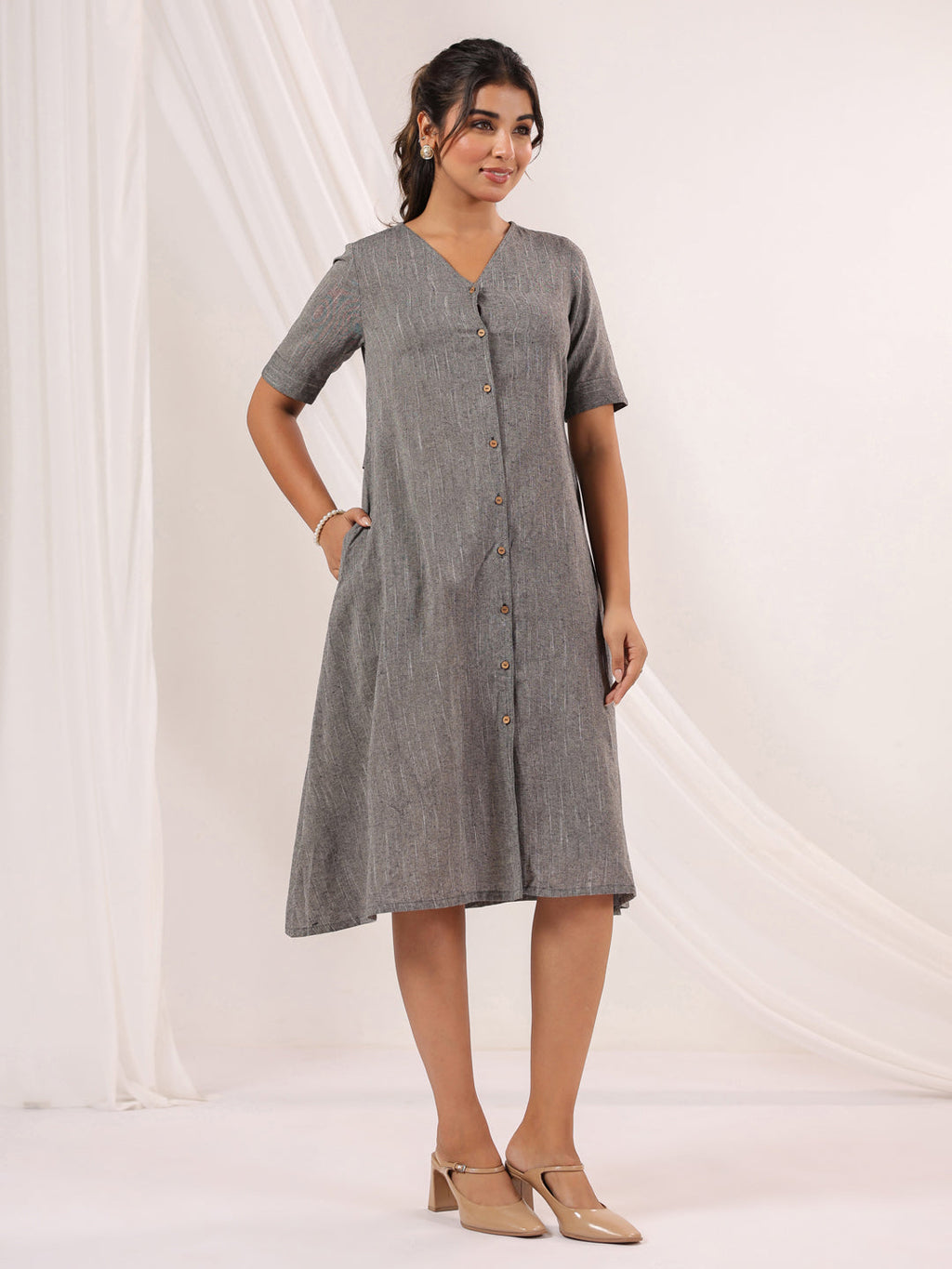 Janasya Dark Cotton Solid A-Line Dress | Grocsy