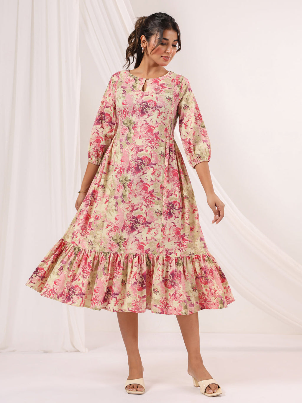 Janasya Bright Cotton Floral A-Line Dress | Grocsy
