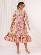 Janasya Bright Cotton Floral A-Line Dress | Grocsy