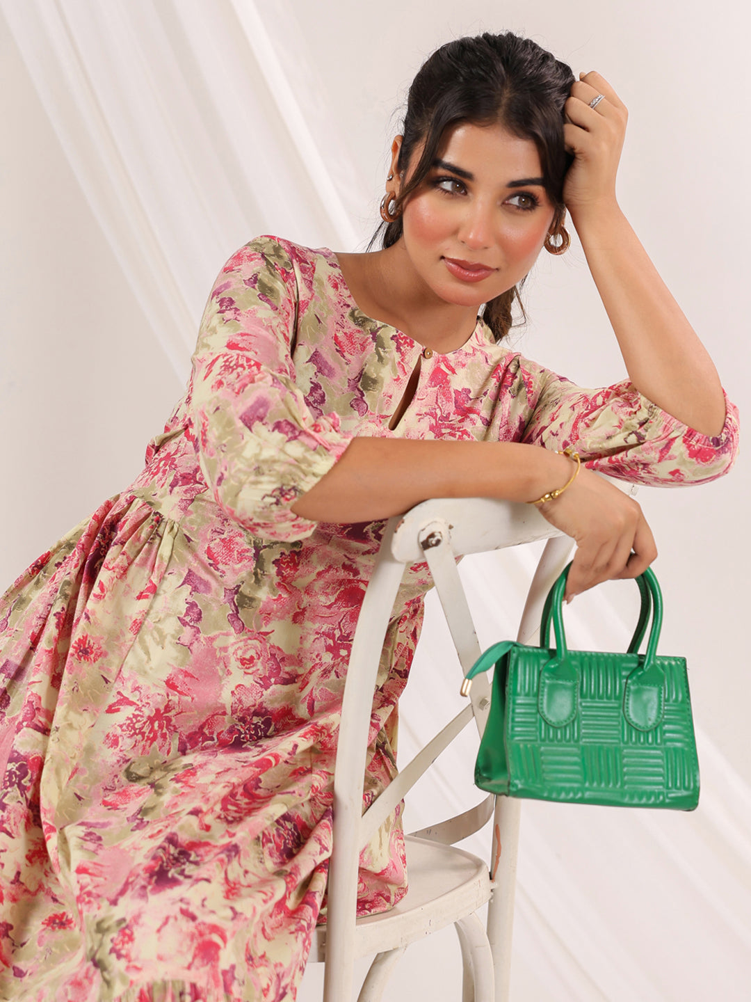Janasya Bright Cotton Floral A-Line Dress | Grocsy