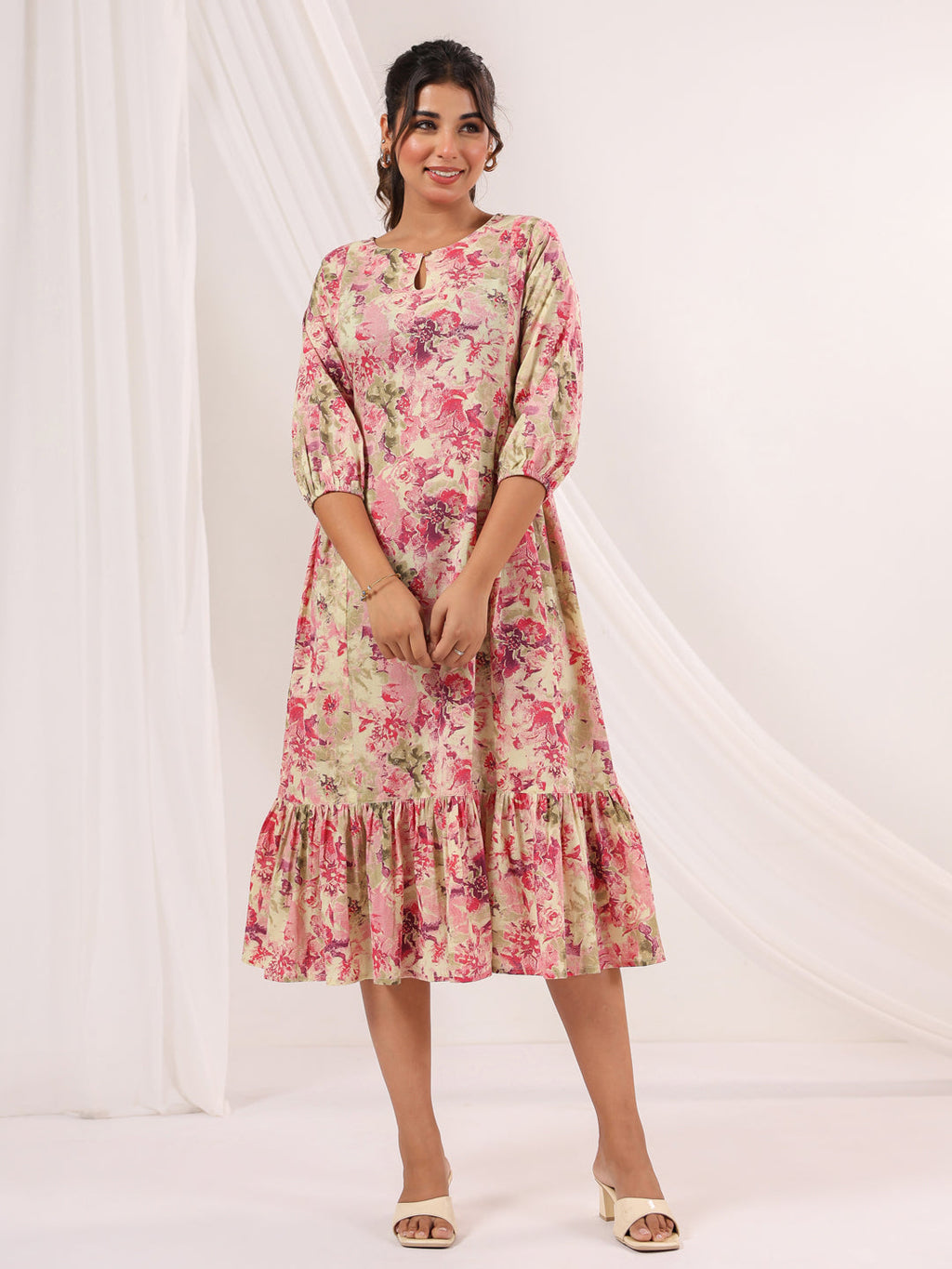 Janasya Bright Cotton Floral A-Line Dress | Grocsy