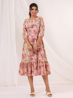 Janasya Bright Cotton Floral A-Line Dress | Grocsy
