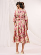 Janasya Bright Cotton Floral A-Line Dress | Grocsy