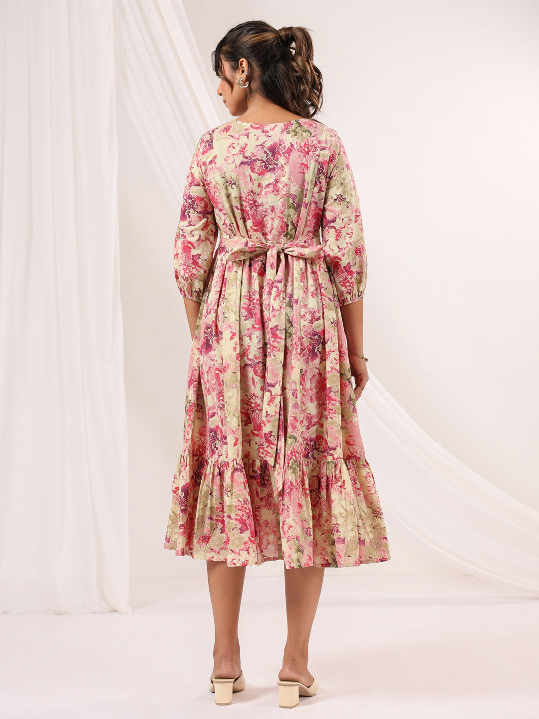 Janasya Bright Cotton Floral A-Line Dress | Grocsy