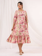 Janasya Bright Cotton Floral A-Line Dress | Grocsy