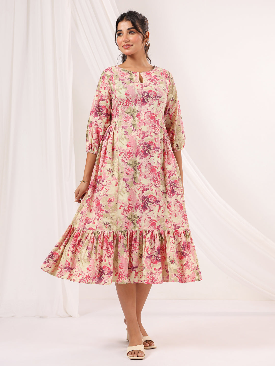Janasya Bright Cotton Floral A-Line Dress | Grocsy