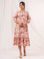 Janasya Bright Cotton Floral A-Line Dress | Grocsy