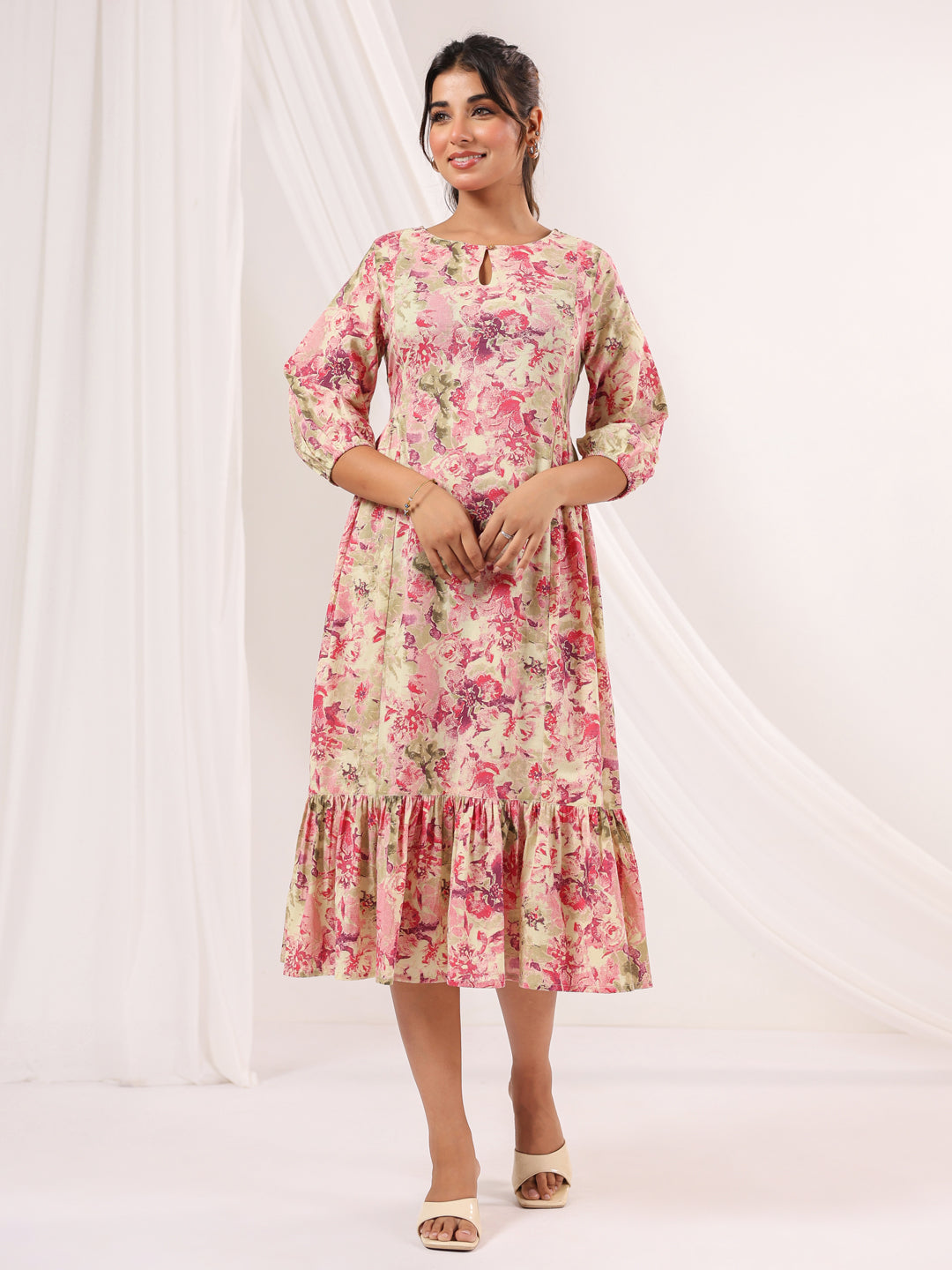 Janasya Bright Cotton Floral A-Line Dress | Grocsy