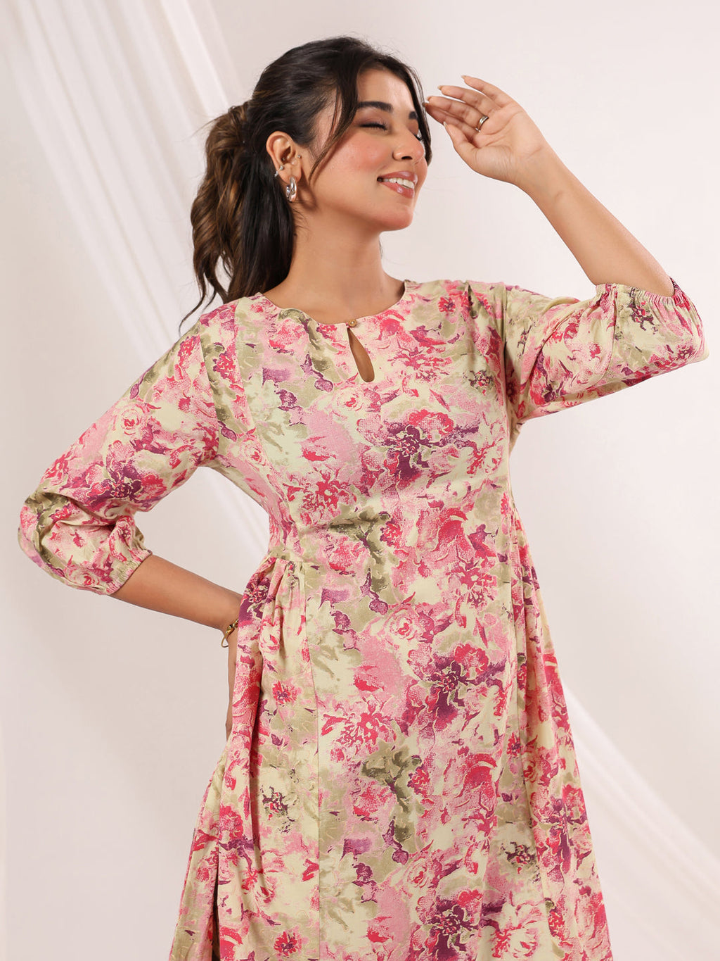 Janasya Bright Cotton Floral A-Line Dress | Grocsy