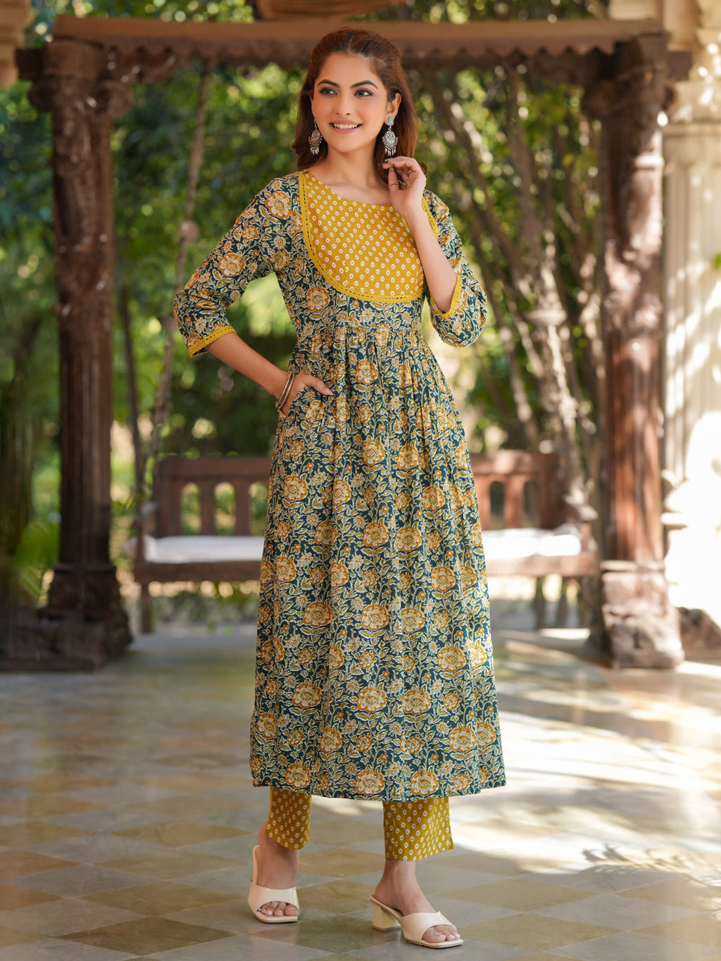 Janasya Dark Cotton Floral A-Line Kurta Set | Grocsy