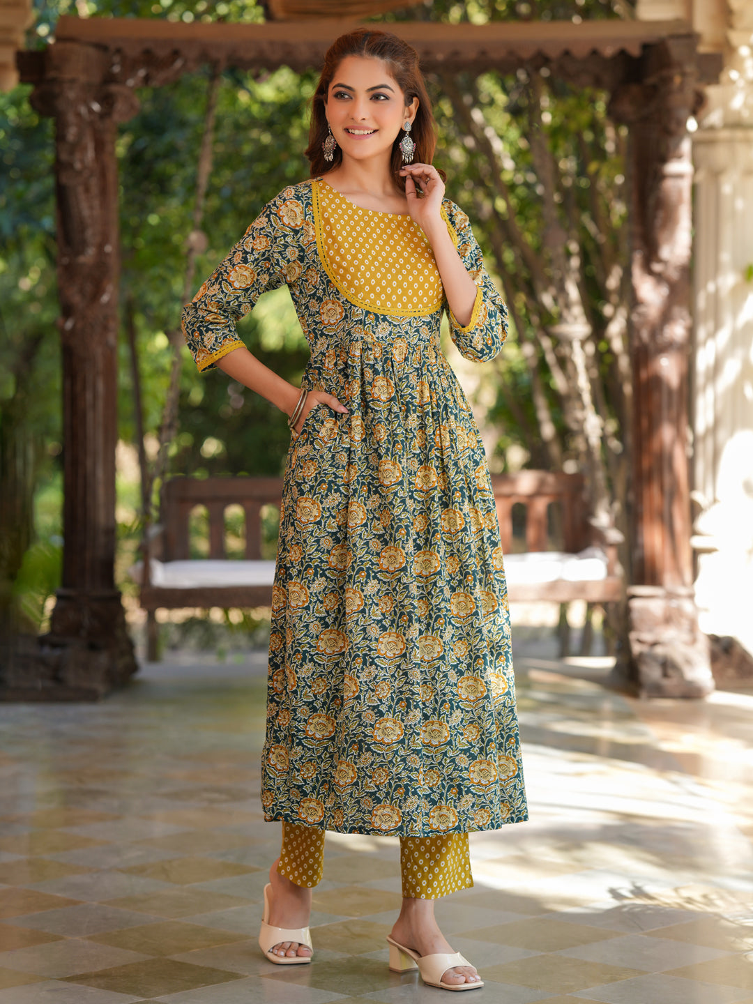 Janasya Dark Cotton Floral A-Line Kurta Set | Grocsy