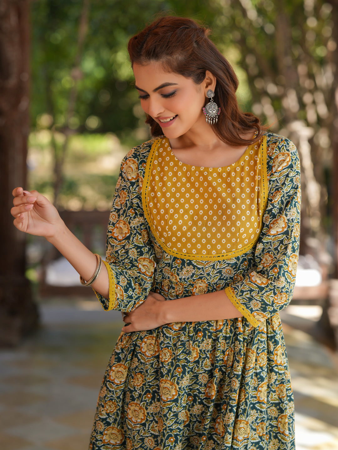 Janasya Dark Cotton Floral A-Line Kurta Set | Grocsy