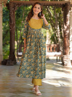 Janasya Dark Cotton Floral A-Line Kurta Set | Grocsy