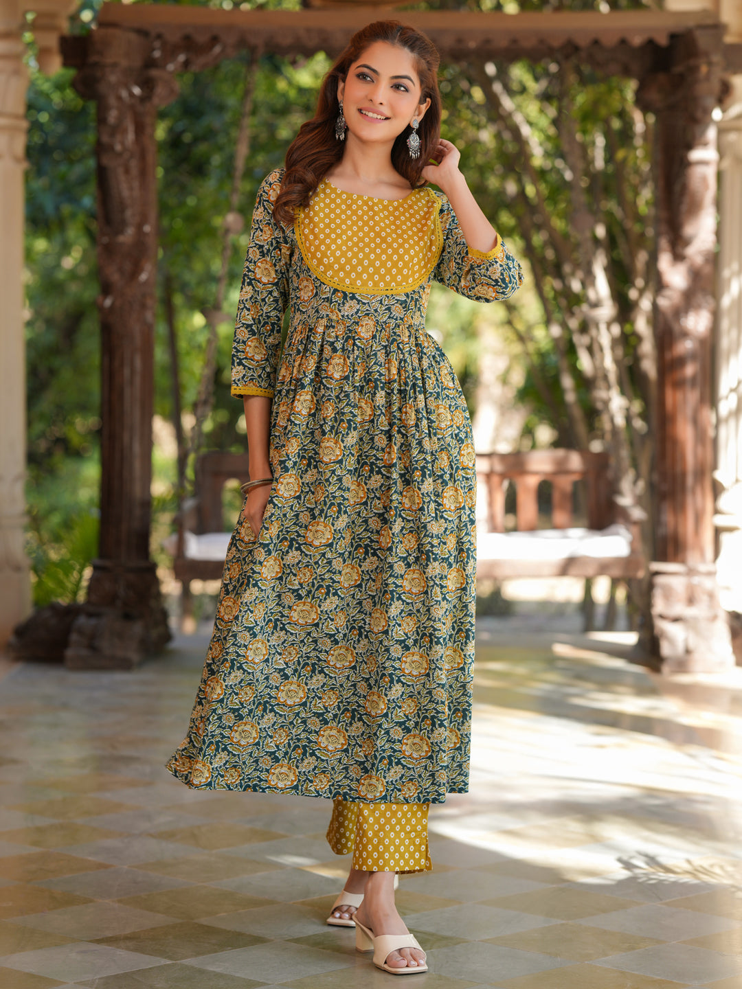 Janasya Dark Cotton Floral A-Line Kurta Set | Grocsy