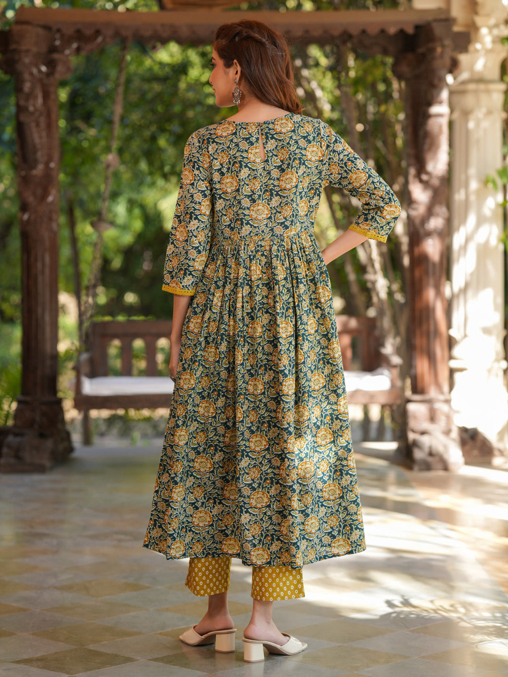 Janasya Dark Cotton Floral A-Line Kurta Set | Grocsy
