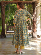 Janasya Dark Cotton Floral A-Line Kurta Set | Grocsy