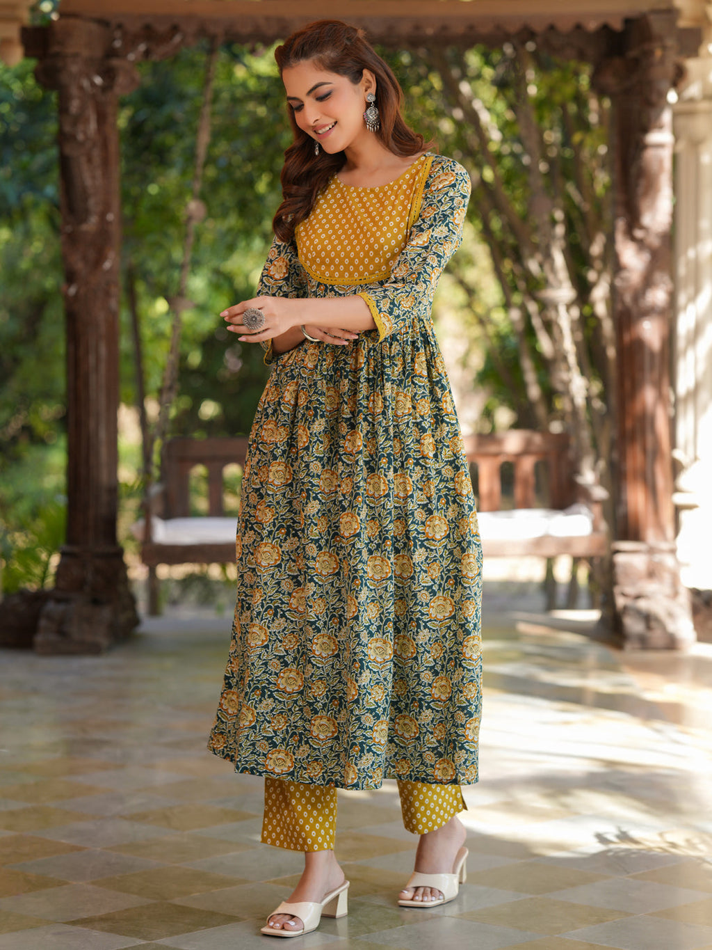 Janasya Dark Cotton Floral A-Line Kurta Set | Grocsy