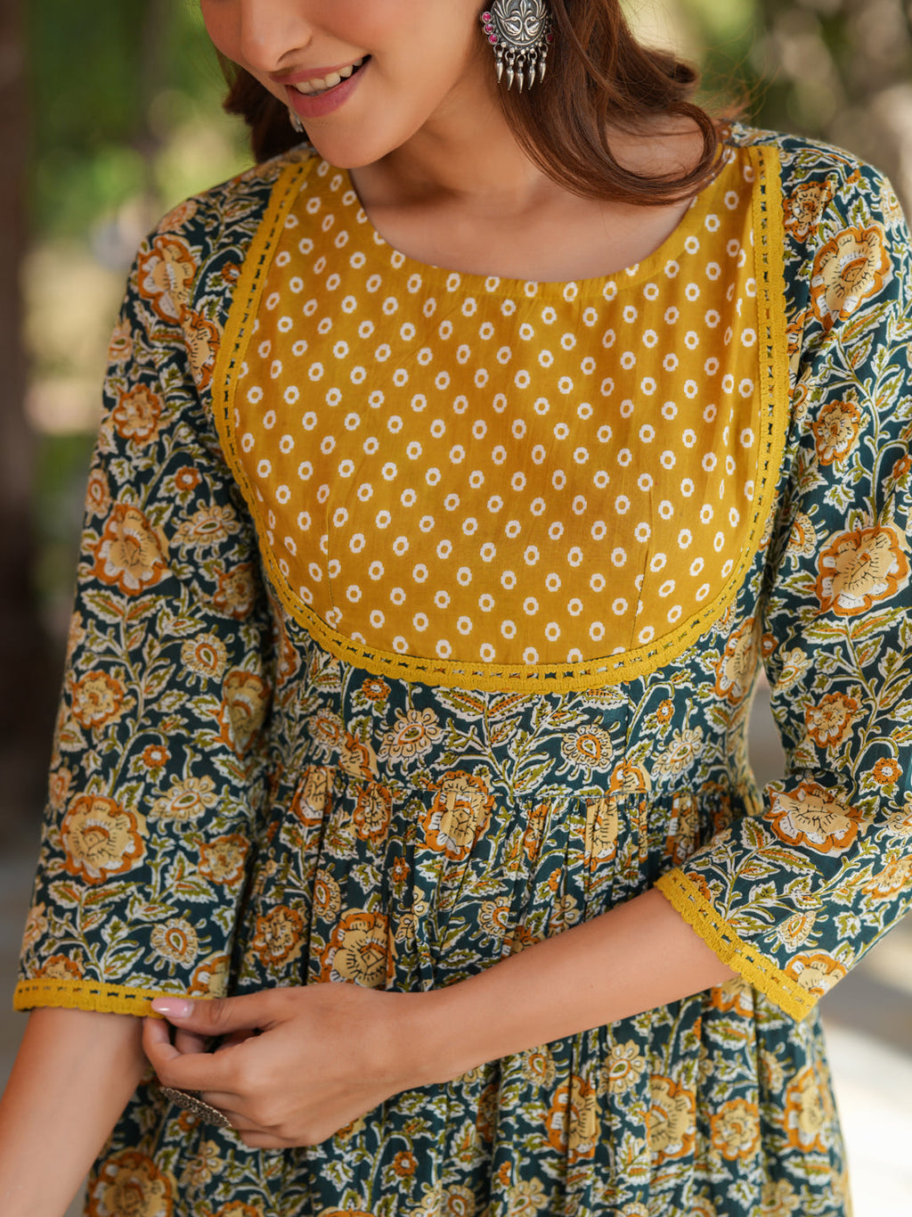 Janasya Dark Cotton Floral A-Line Kurta Set | Grocsy