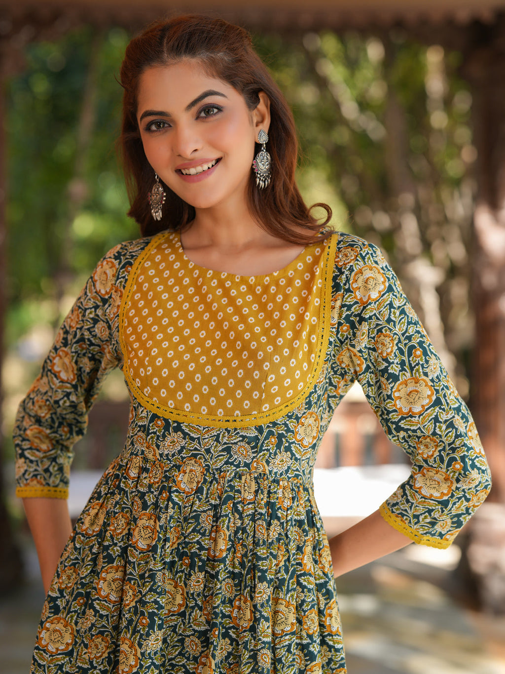 Janasya Dark Cotton Floral A-Line Kurta Set | Grocsy