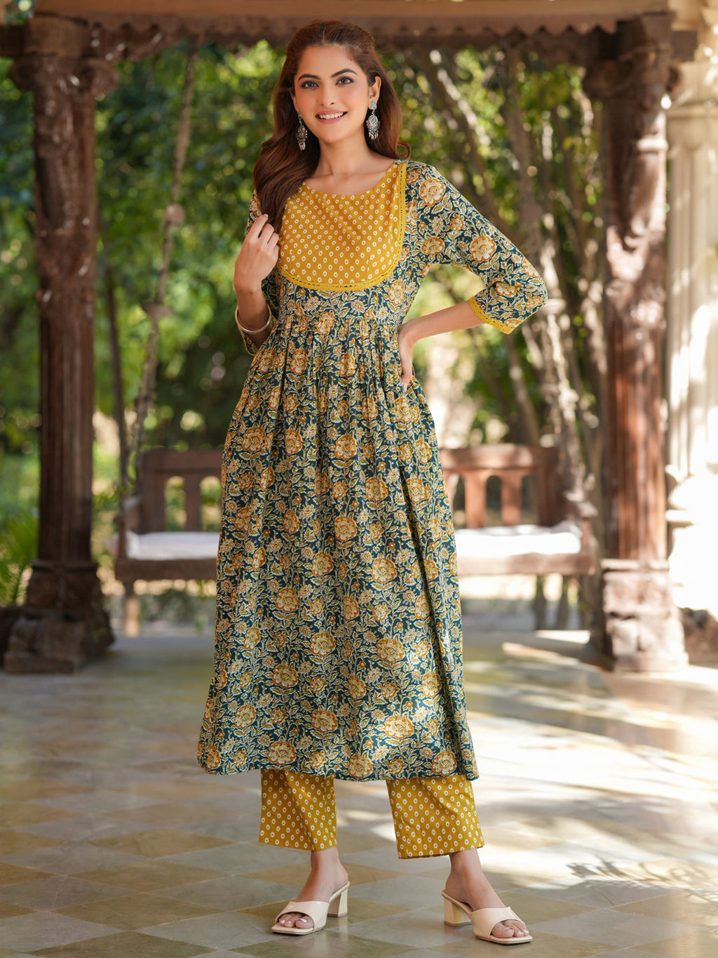 Janasya Dark Cotton Floral A-Line Kurta Set | Grocsy