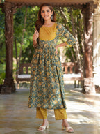 Janasya Dark Cotton Floral A-Line Kurta Set | Grocsy