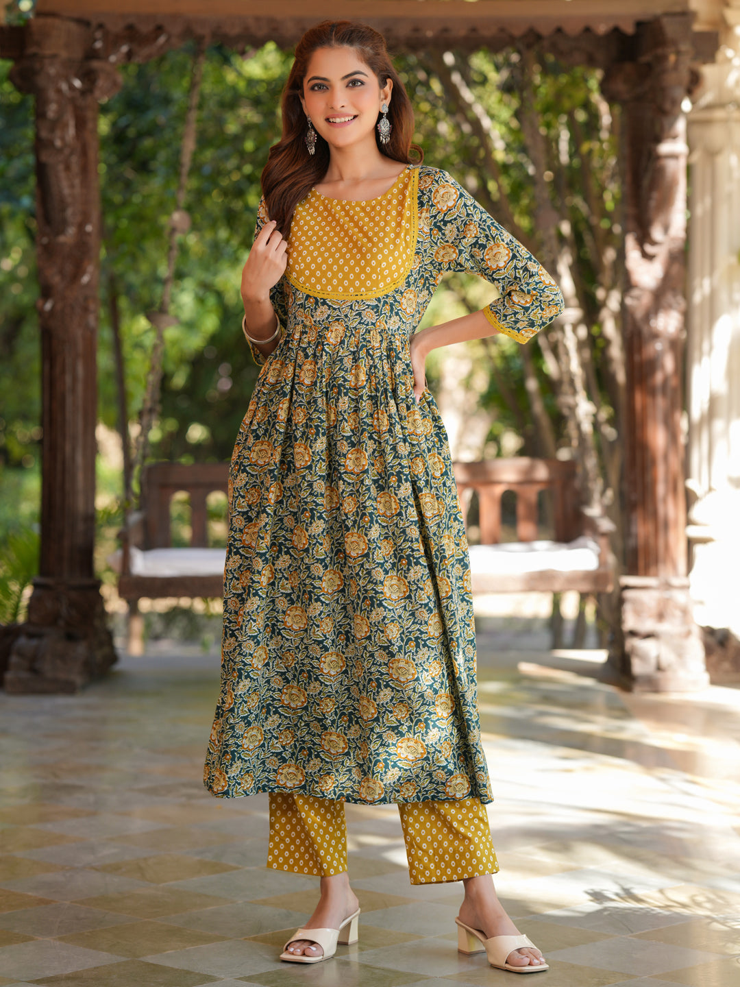Janasya Dark Cotton Floral A-Line Kurta Set | Grocsy