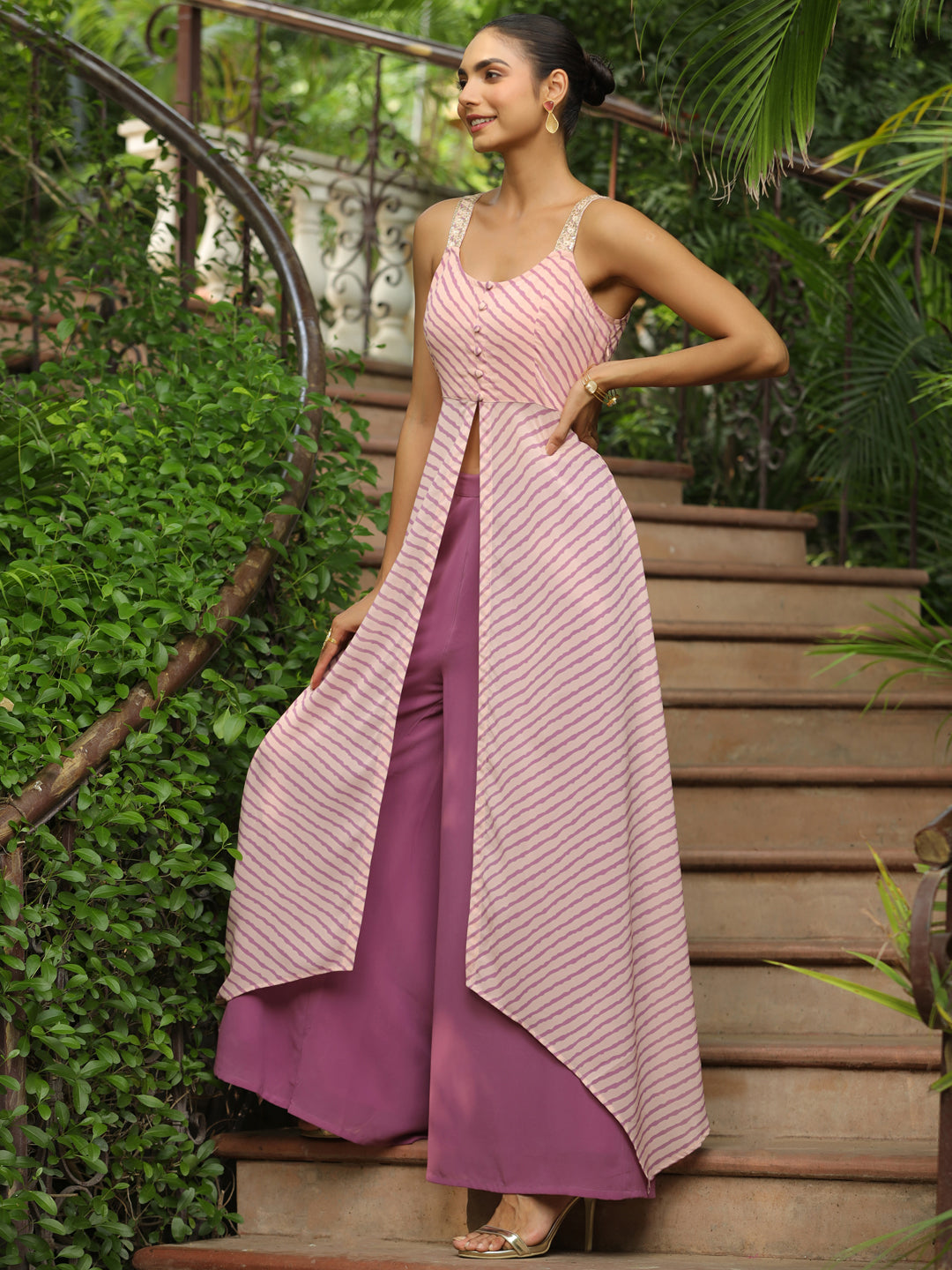 Janasya Light Georgette Striped Asymmetric Kurta Set | Grocsy