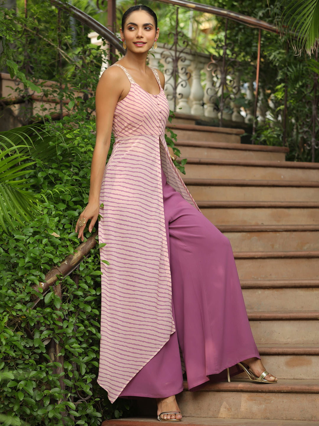 Janasya Light Georgette Striped Asymmetric Kurta Set | Grocsy