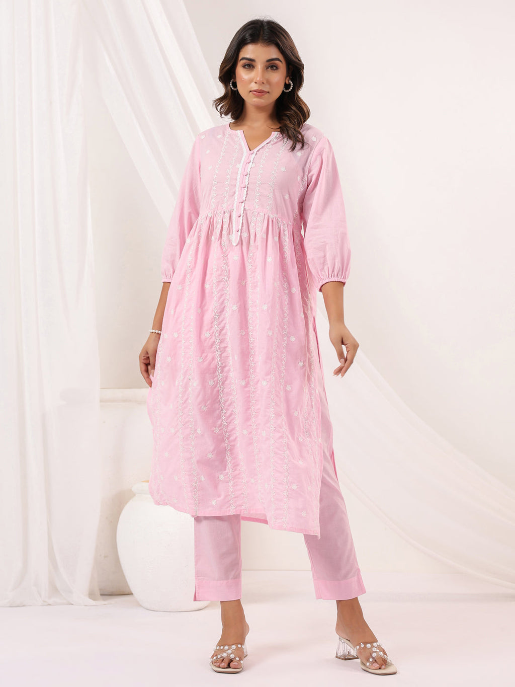 Janasya Light Cotton Embroidered A-Line Kurta Set | Grocsy