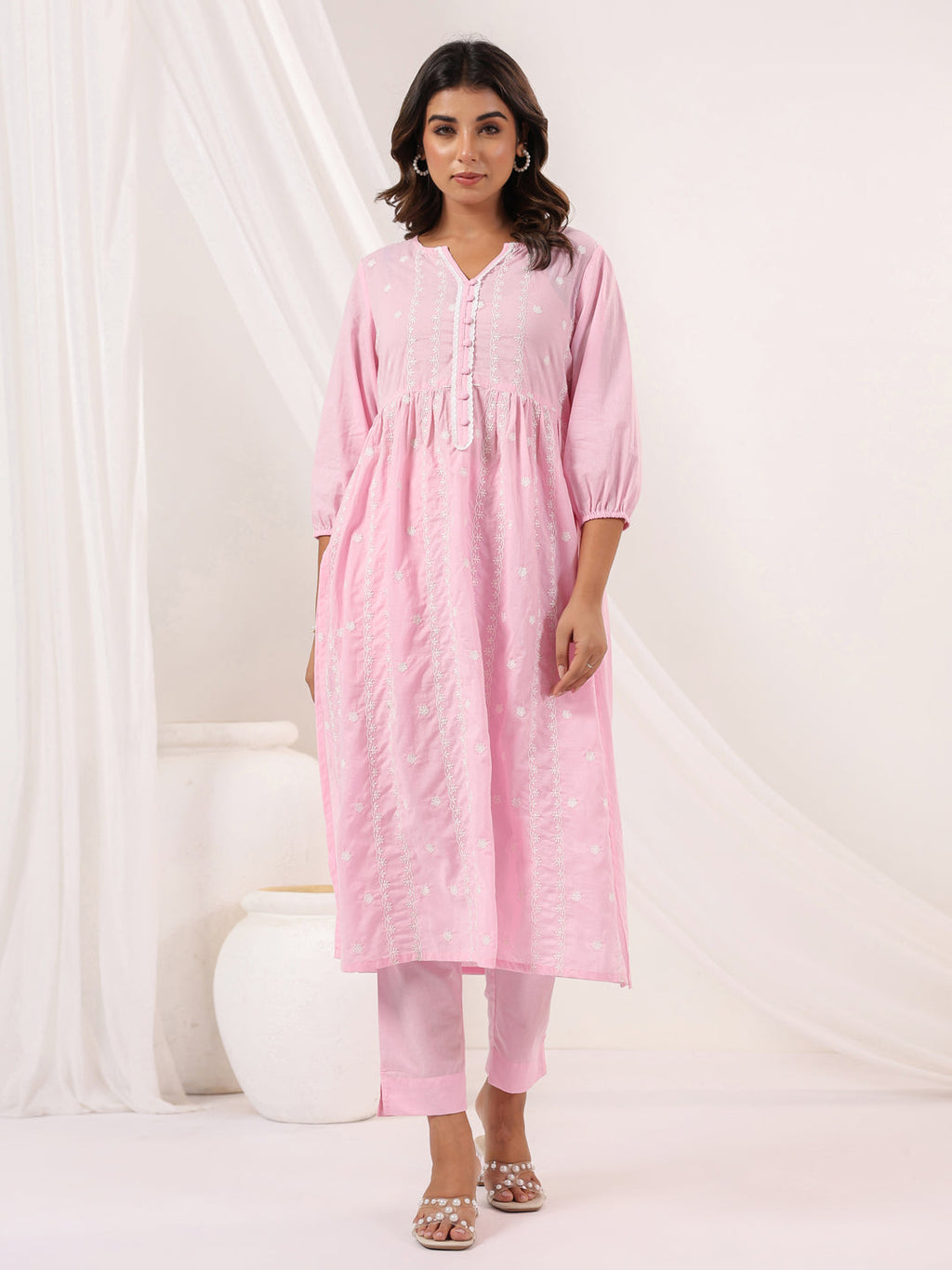 Janasya Light Cotton Embroidered A-Line Kurta Set | Grocsy